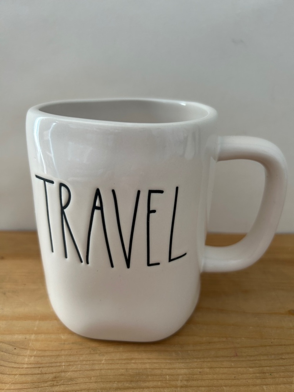 Rae Dunn TRAVEL Mug White Ceramic w Black Writing Coffee Tea Cup
